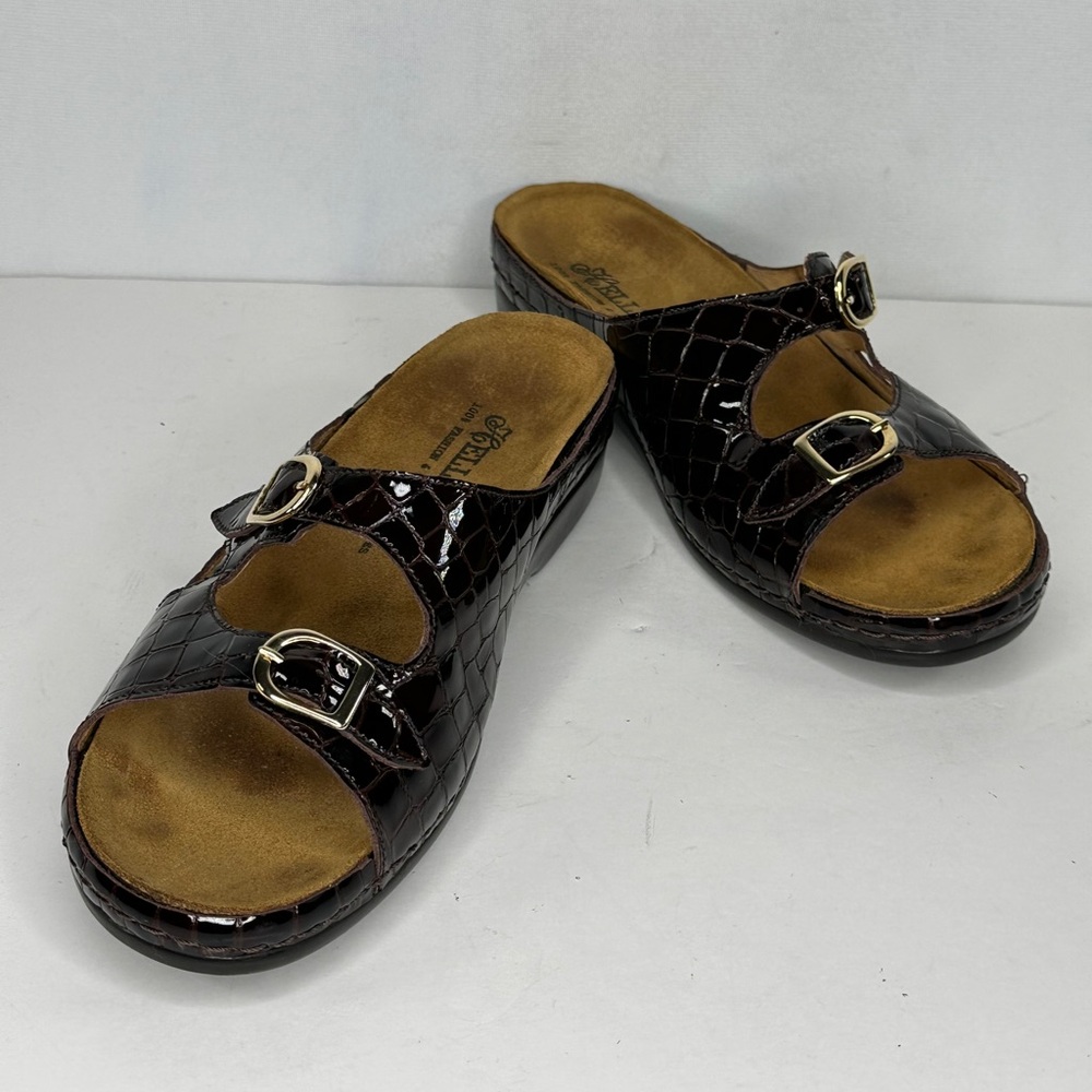 Helle Comfort Taffy Sandals Brown Croc Embossed Patent Leather Slip On Boho Sz39